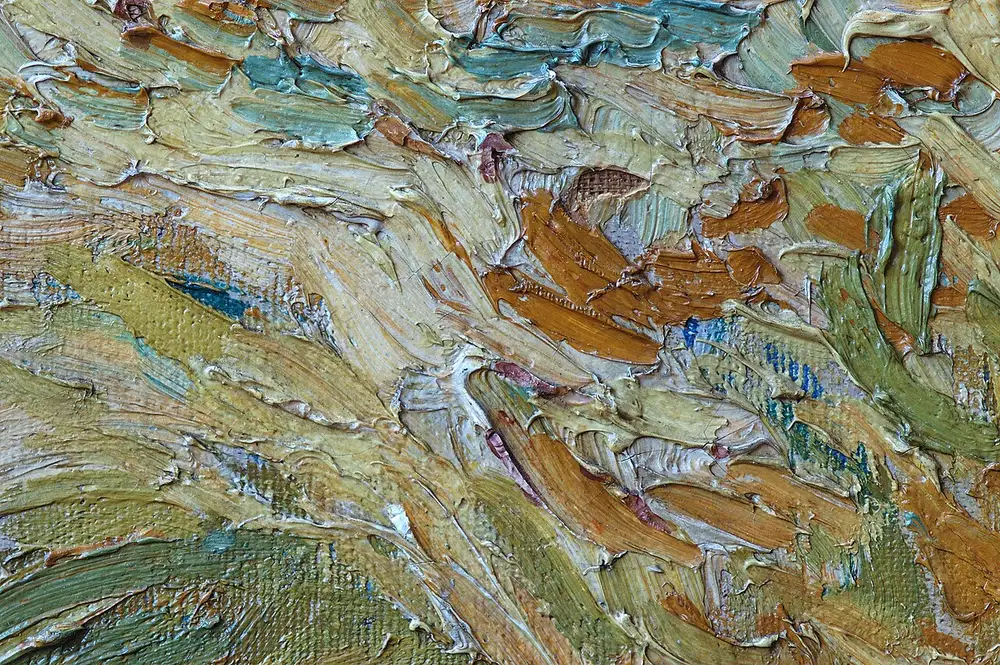 Macro detail of Van Gogh's 'Wheat Field with Cypresses', showing ridges of oil paint standing off the canvas