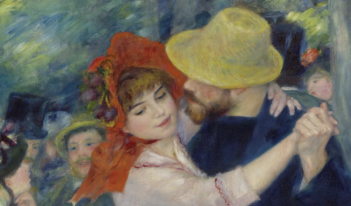 Detail of the two dancers' heads, showing the red bonnet, the straw hat, and the loosely painted café crowd behind them.