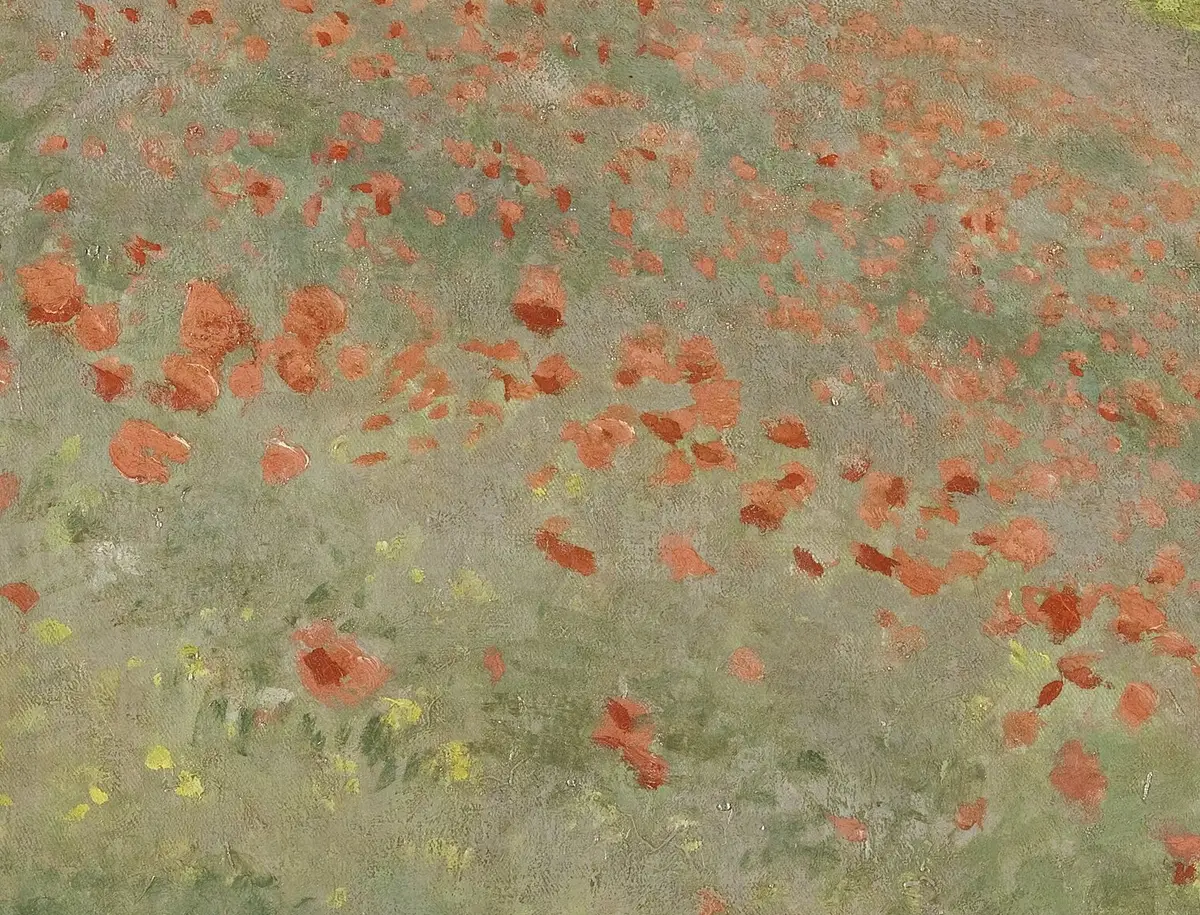 Detail of the poppy slope, showing red dabs of different sizes scattered over broken green and pink brushwork.