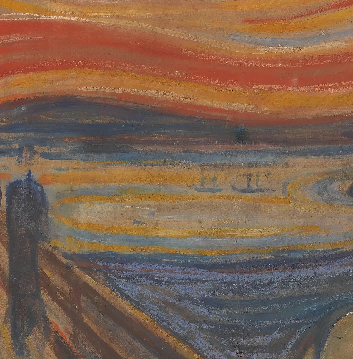 Detail of the wavy sky bands, the blue fjord with two small sailing boats below them, and the diagonal bridge rail, with bare board showing between the strokes.