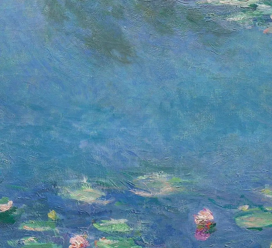 Detail of Monet's Water Lilies showing violet, green and pink strokes crossing each other with no outlines.