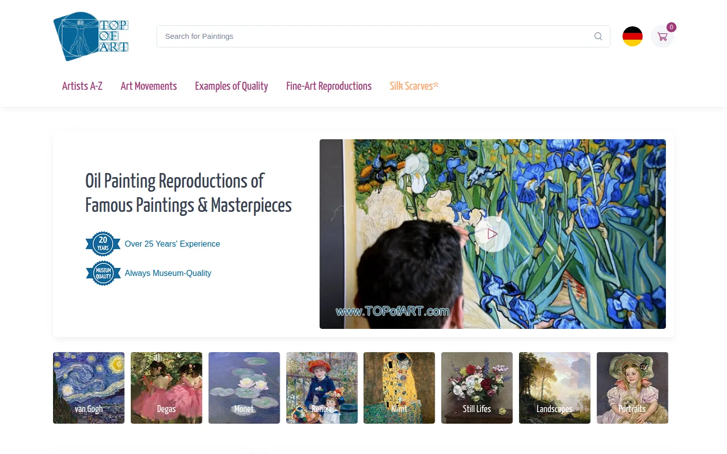The TOPofART home page, with the artists index and fine-art reproductions navigation